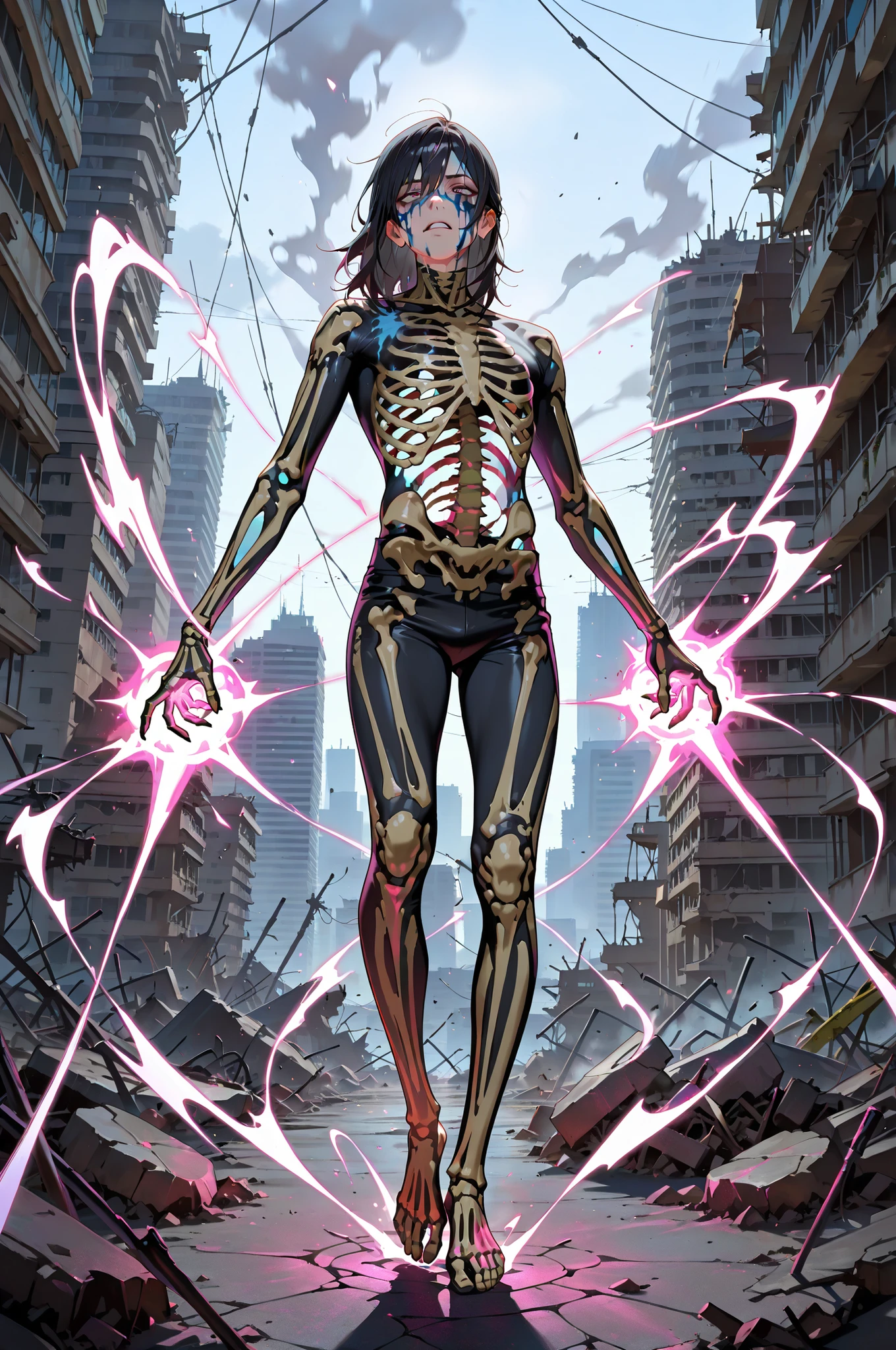 masterpiece, best quality, amazing quality, very aesthetic, high resolution, newest, hyper-detailed, solo, male character, mature man, medium hair, black hair, shirtless, skeleton body painting, full body, fan art, energy blast around him, post apocalyptic theme, city ruins on background