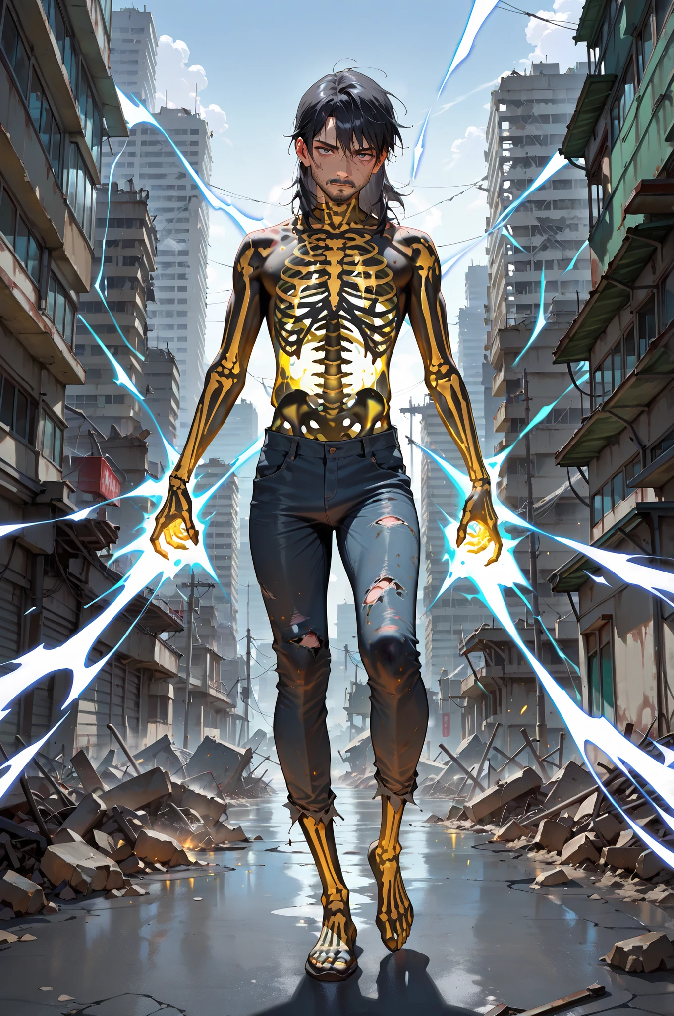masterpiece, best quality, amazing quality, very aesthetic, high resolution, newest, hyper-detailed, solo, male character, mature man, medium hair, black hair, shirtless, skeleton body painting, full body, fan art, energy blast around him, post apocalyptic theme, city ruins on background