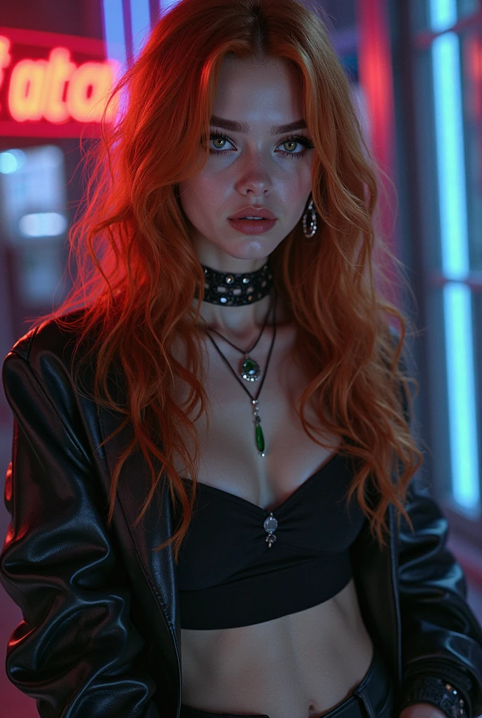 ginger, angelic face, Freckles, eyeliner, pale skin, long hair, green eyes, perfect gorgerous face, cyberpunk, beautifull lights, neon in background, gloing lights, intrincate details, dragon tatoos, 3d tatoo, perfect smile, futuristic san francisco in background, using eletronic devices, military outfit, yellow military jacket, gloing leds in outifit, nikon photo, 8k, masterpiece <lora:ginger_v03:1>