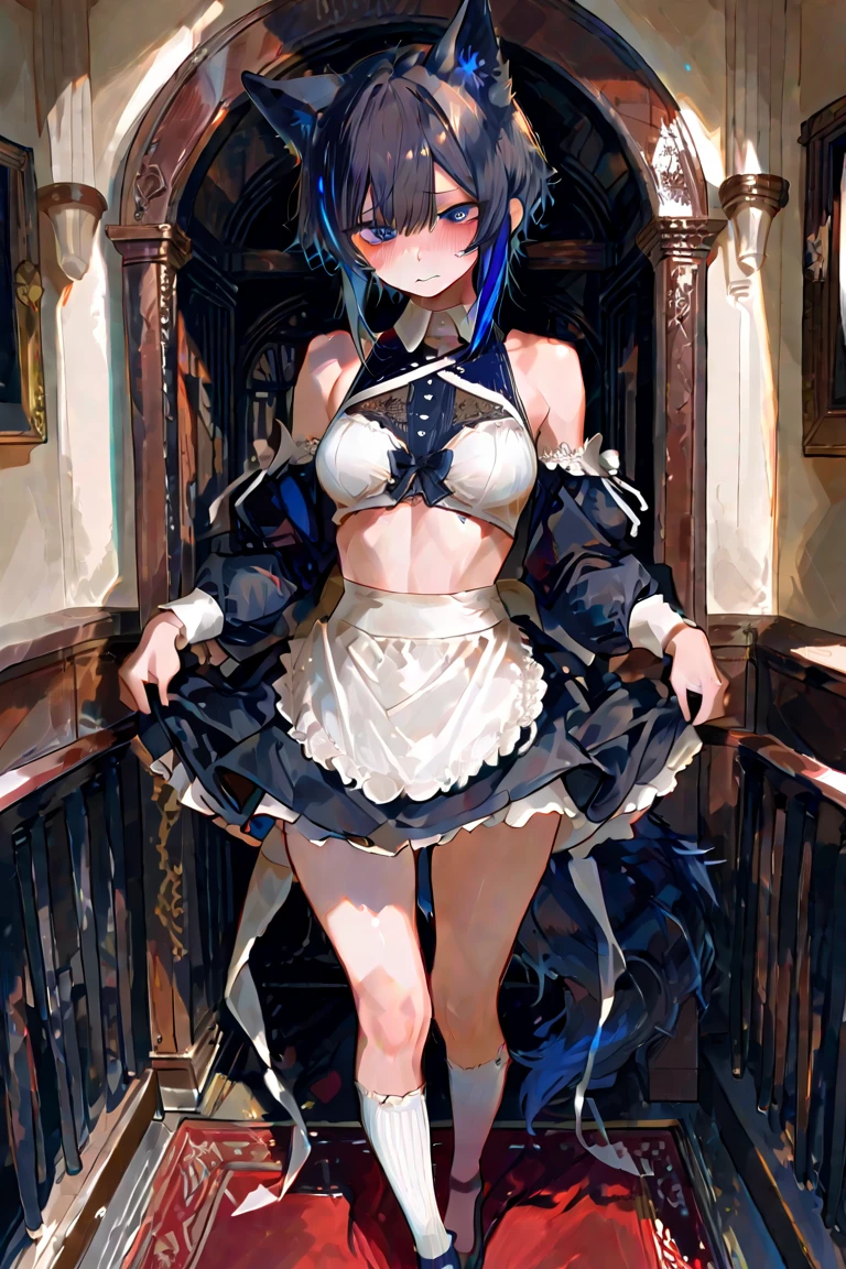 ((Highest quality)), ((masterpiece)), ((detailed)), a girl who is dressed as witch or maid with chains on her, 1girl, maid, 独奏, BDSM, bound, bondage, chain, maid headdress, long hair, breasts, blackblue hair, (angry), clenched teeth, blush, rope, (Torn clothes), pantyhose, wet, Torn, restrained, arms behind back, large breasts, looking at viewer, prison
