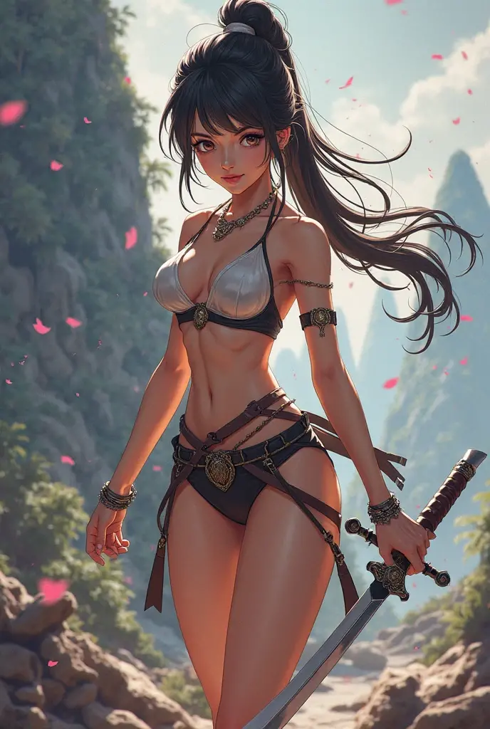 Best image quality, threaten, Holding a spear, Parent and , primitive, Primary forest, In underwear, ""Primitive clothing"", woman, Black Hair, Tying up hair, paint