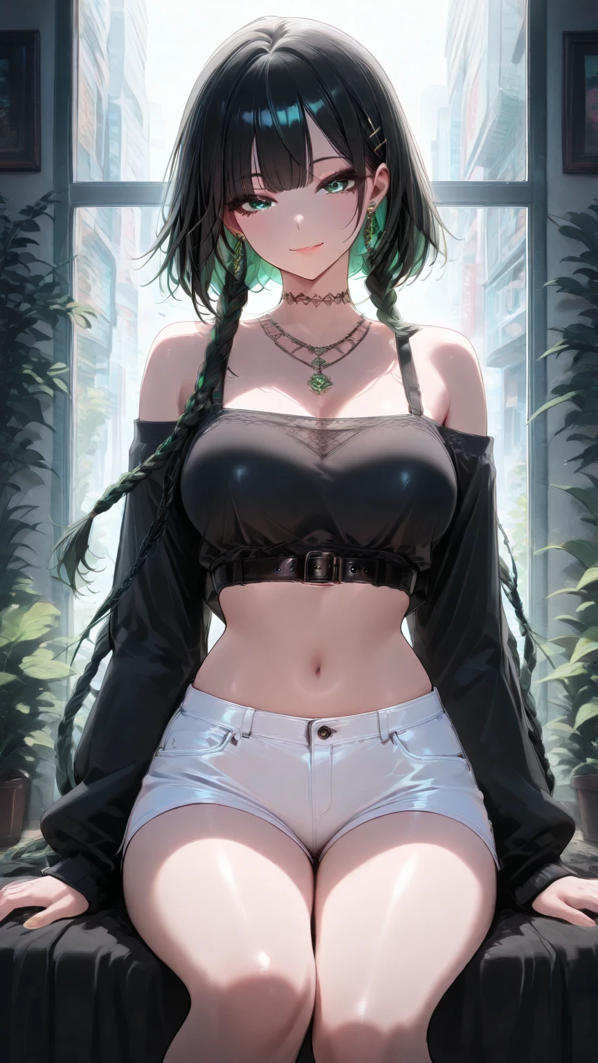 1 girl, mouth, lips, smiling, (perfect eyes), (details in the eyes), single focus, seductive beauty, big hair, locks, bangs, (lighting effects in the hair), (details in the hair), seductive expression, seductive aura, ambient lighting, (black blouse), (long tight ripped jeans), thick legs, thick thighs, backdrop, background full of plants, green climate, green environment, (plants in the corners), beautiful day, ( body wetting), intricate details, enhanced lighting.