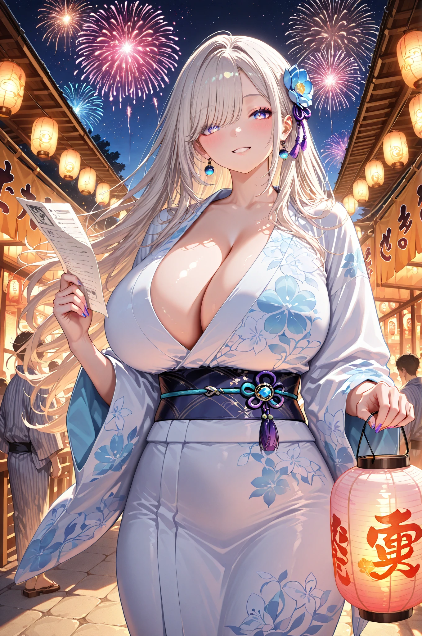 25yo woman, hime cut, light White hair, long hair, gyaru, erotic kimono, loose kimono, deep cleavage, huge breast, thicc thigh, , Japanese festival view, night time, clear view, Blue eyes, black demon horns, Light blue eyes combined with yellow 