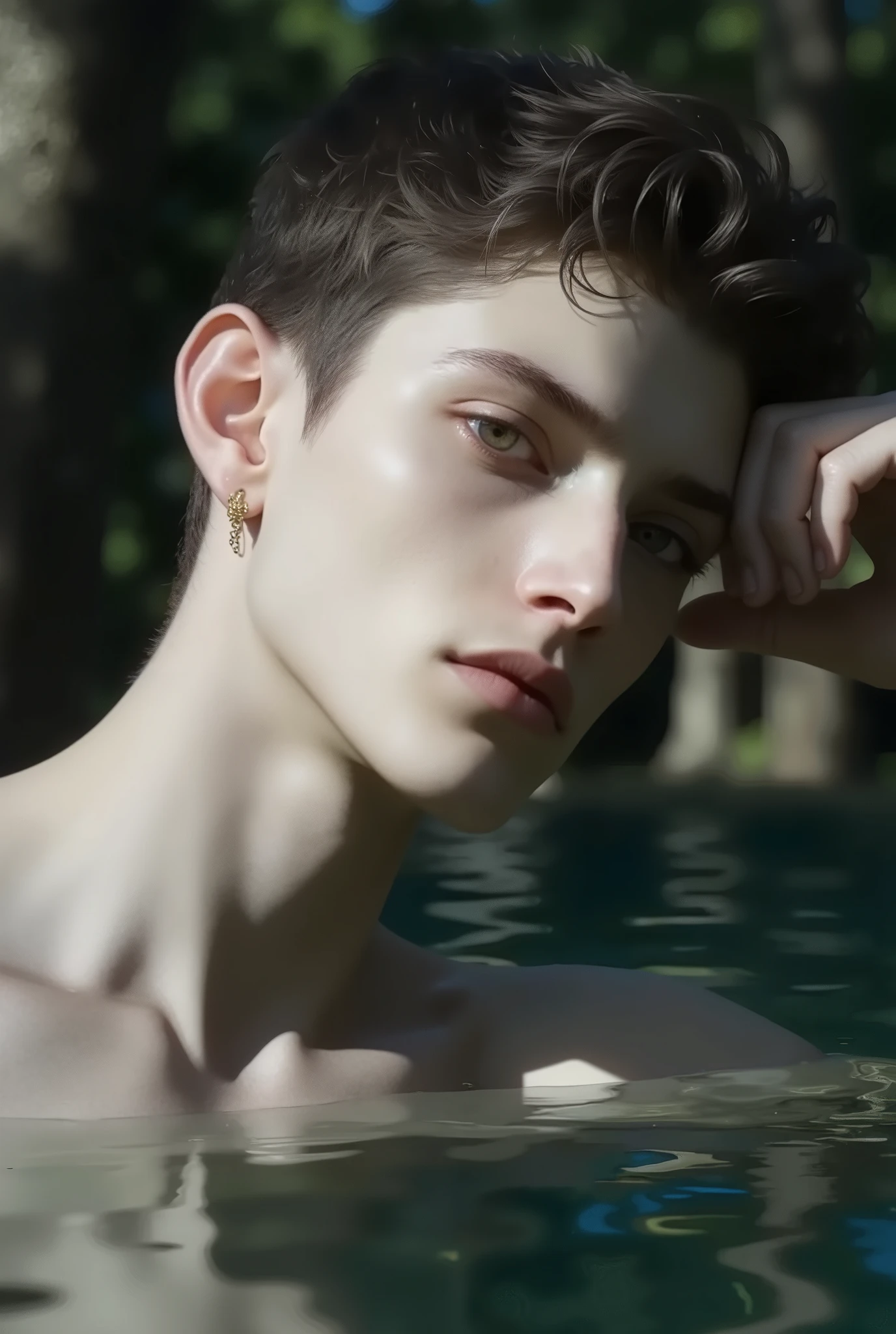 Narcissus as an adolescent Caucasian man, white pale skin , no beard, soft green grey eyes, dark afro expresso hair, face and features soft sculpted lips, well-defined jaws and cheekbones divine beauty , Divine Aura, the edge of a lake in a beautiful forest. golden ratio face