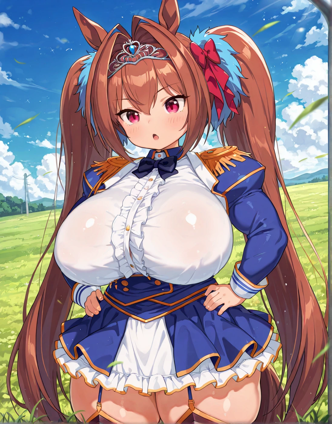 masterpiece, best quality, high quality, detailed, exquisite, beautiful, (((yamanin zephyr,)))(((umamusume,))) long hair, low twintails, hair between eyes, shiny hair, brown hair, golden eyes, droopy eyes, tareme, pale skin, shiny skin, glamorous, voluptuous, blush, teenager, ((gigantic breasts,)) maid dress,
