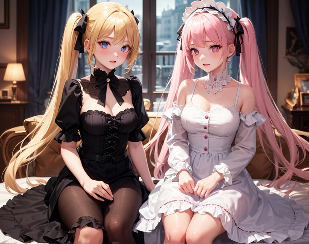 Two pink haired girls with red eyes are sitting on the lap of pink haired woman with violet eyes in gothic clothing