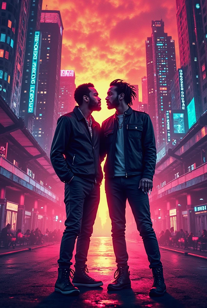 Create an image,with two 19 year old boys,one wears a black suit with a purple tie,her hair is purple with 2 purple horns,the other one wears a gray sweatshirt,His hair is gray and he wears a dark green cap,they are kissing in an alley (アニメ)
