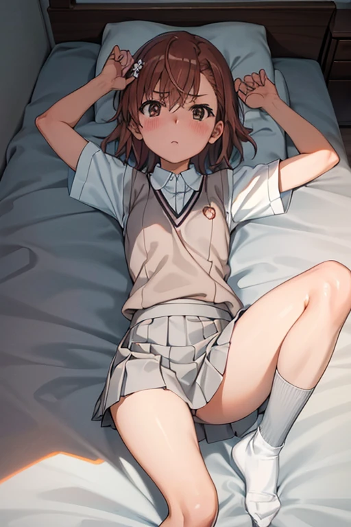  masterpiece,beste Quality, Misaka_mikoto,solo, brown eyes, Short_Hair, Small_Breast,tears,open mouth,cowboy shot,shoot from front,Student uniforms, tokiwadai_School_uniform, white shirt, Sweater Vest, Gray miniskirt,perfect white panties、camel toe,White loose socks, sitting, M type spread legs:1.2,sweat,simple bed、simple bedroom、
