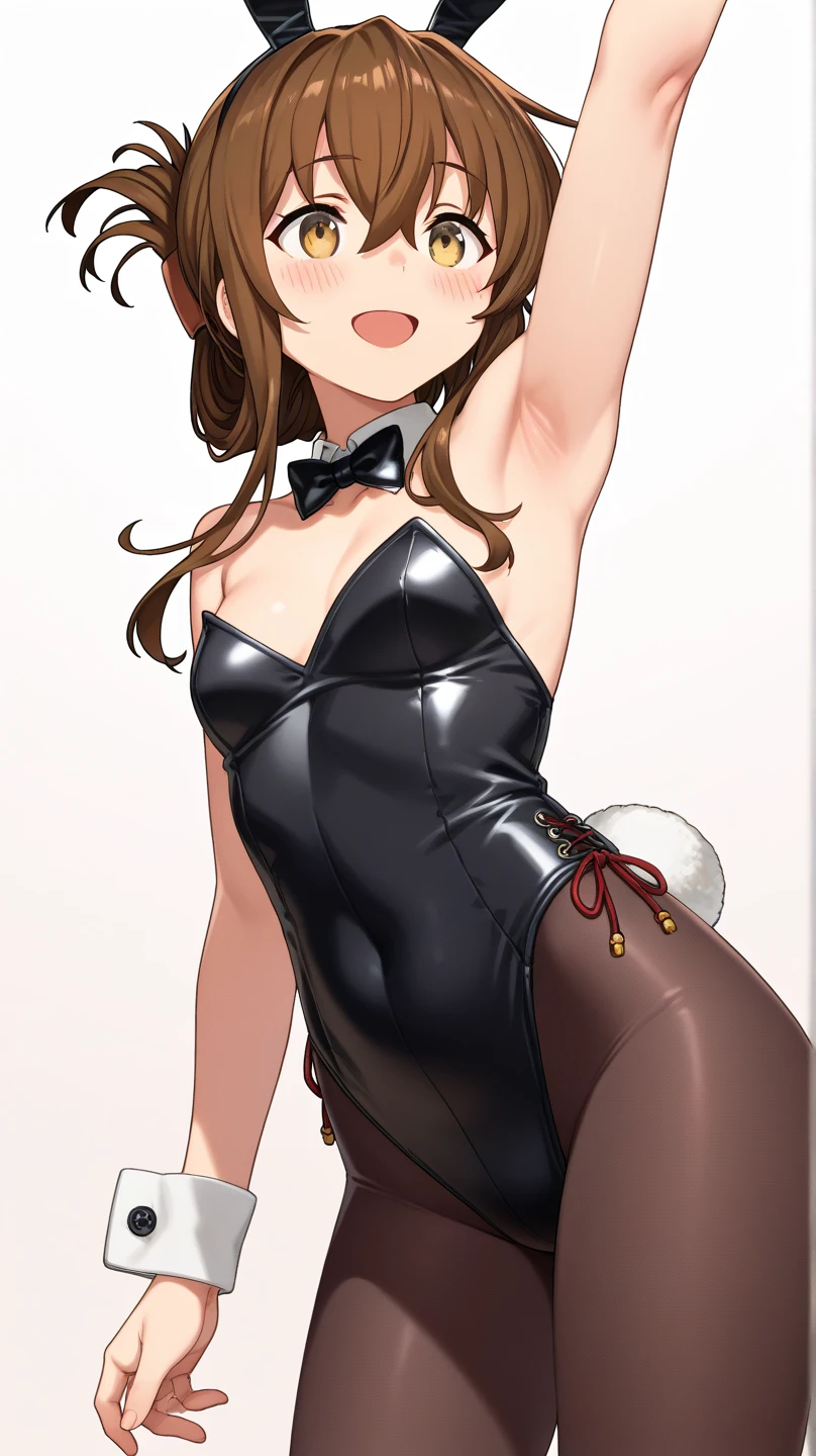 1girl, bunny ears, rabbit ears, large breasts, thick thighs, tall, tall female, toned, athletic, black leotard, bunnysuit, leotard, brown hair, short hair, ponytail, yellow eyes, mature female, light smile, cleavage, elbow gloves, fishnet, fishnet pantyhose, bowtie, red trim, red bowtie, ((brown hair))