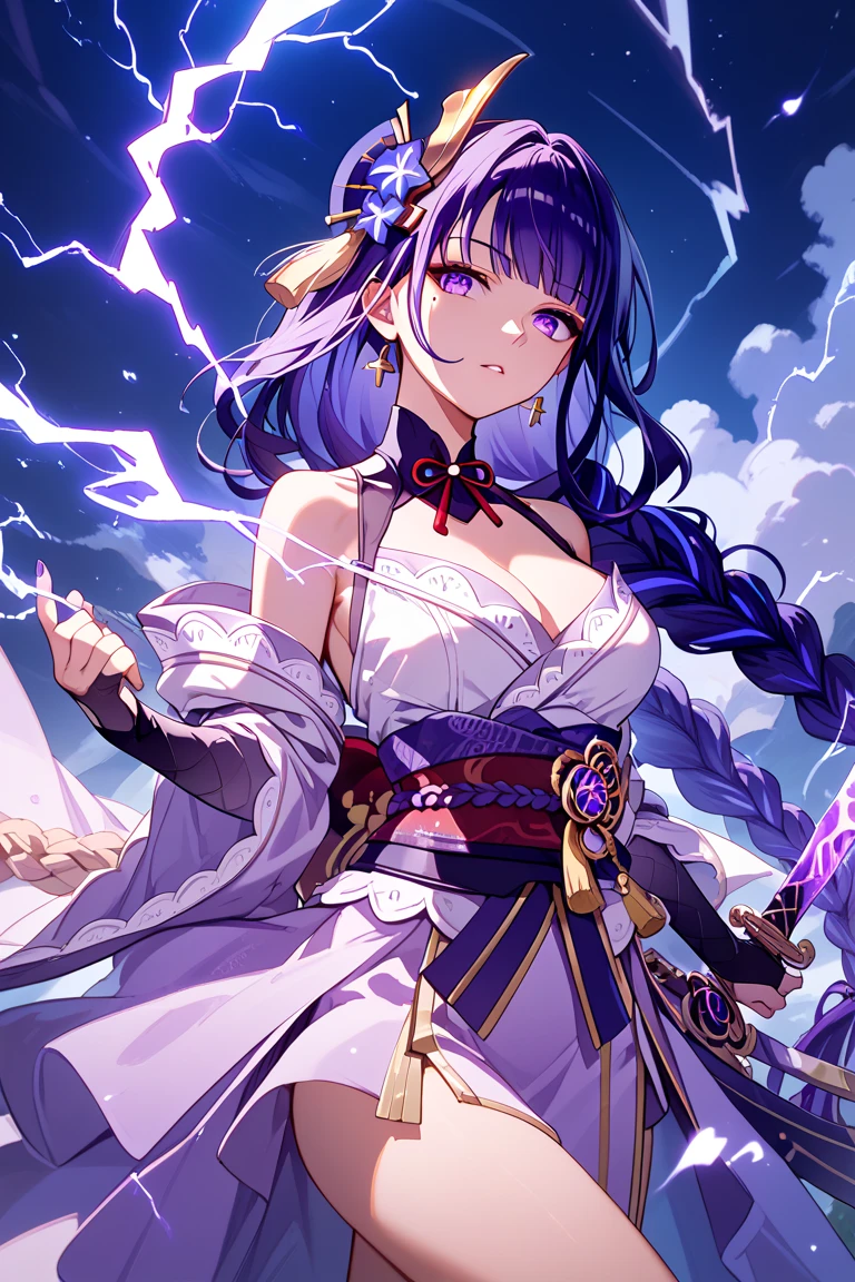 Best quality, masterpiece, beautiful, 1girl, solo, beautiful stylish hair, eyes, face, lips, boobs, cleavage, beautiful purple japanese fantasy outfit, lightning, thunder, light particles, lightning bolts, electrifying environment, detailed background