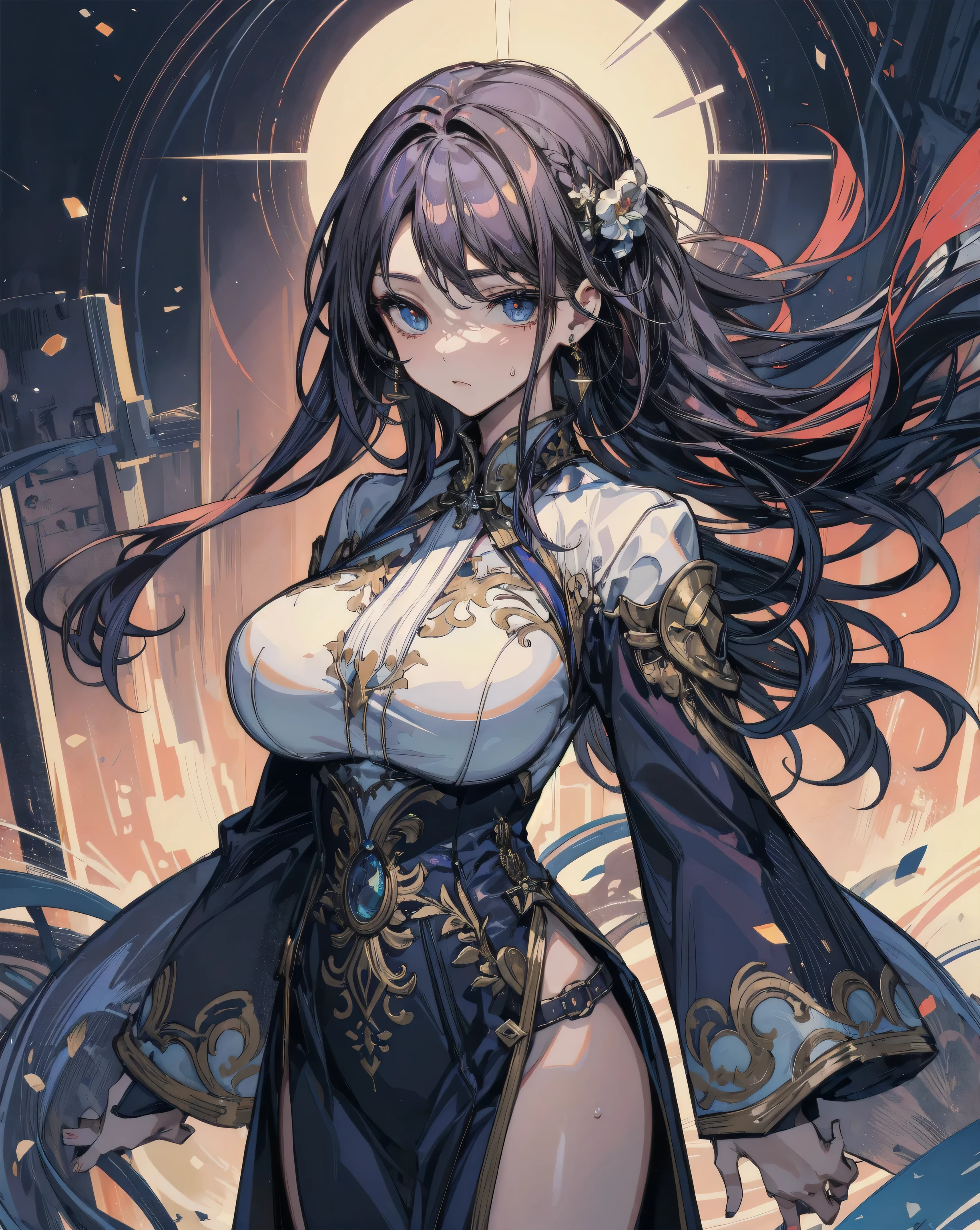 masterpiece、high resolution、Like the picture、Long Hair、Large Breasts、Large Breasts、I can see her cleavage、Brown eyes、Shiny black hair、Sexy smile、Drawing from the front、The wind is blowing、Clothing of the wise man、magic circle、holy place