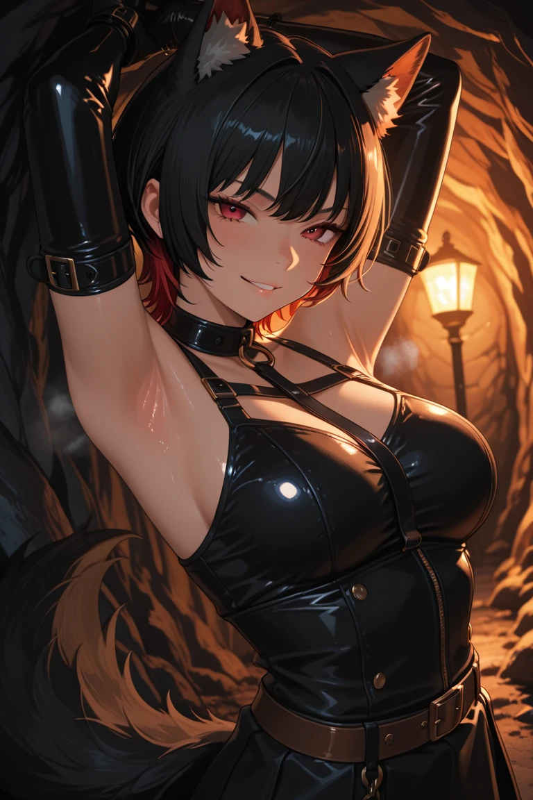 best quality, anime illustration, digital painting, sinder, looking at viewer, all fours, closed mouth, 1girl, yellow eyes, wolf girl, long brown two-toned streaked hair+swept bangs and sidelocks, fiery wolf ears and flame-tipped wolf tail, orange tail, ear piercing, bare shoulders, large breasts, cleavage, collarbone, off-shoulder shirt with a black bow, (spiked belt, spiked bracelet, spiked choker, spiked collar:1.3), nails, black nail polish, black pencil skirt+skirt slit, thighs, asymmetrical legwear:fishnets thighhighs+black thighhighs, thigh strap, legwear garter, fire+flames and embers, finely detailed background, amazing background