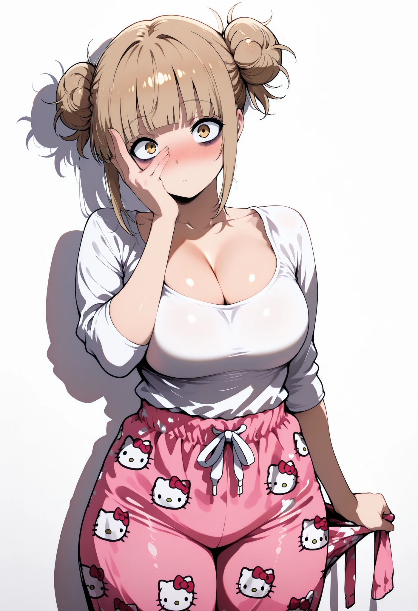 score_9, score_8_up, score_7_up, score_6_up, score_5_up, score_4_up, masterpiece, high quality, BREAK, 1girl, 1girl,, bags under eyes, standing, nice legs, looking at viewer, nose blush, shiny legs, shiny body, shiny hair, clear skin, clear body,, solo, thick thigh, thick thighs, solo, female, large breasts, toga himoko, blonde hair, yellow eyes, blunt bangs, double bun,., shiny skin, shiny hair, shiny body, clear body, white background, empty background, ,, shy and surprised expression, wearing a tight black sweatshirt, pulling the hem up slightly to reveal part of her waist, one hand partially covering her face , DYNAMIC POSE , white background, empty background, BAGS UNDER EYES, LARGE BREASTS,, STANDIN UPRIGHT, COWBOY SHOT, POSING, cleavage, CLEAVAGE, hello kitty pajama pants,pink/black pants,hello kitty pajama pants, pink pants, TIGHT PAJAMA, TIGHT HELLO KITTY PAJAMA, BIG ASS,