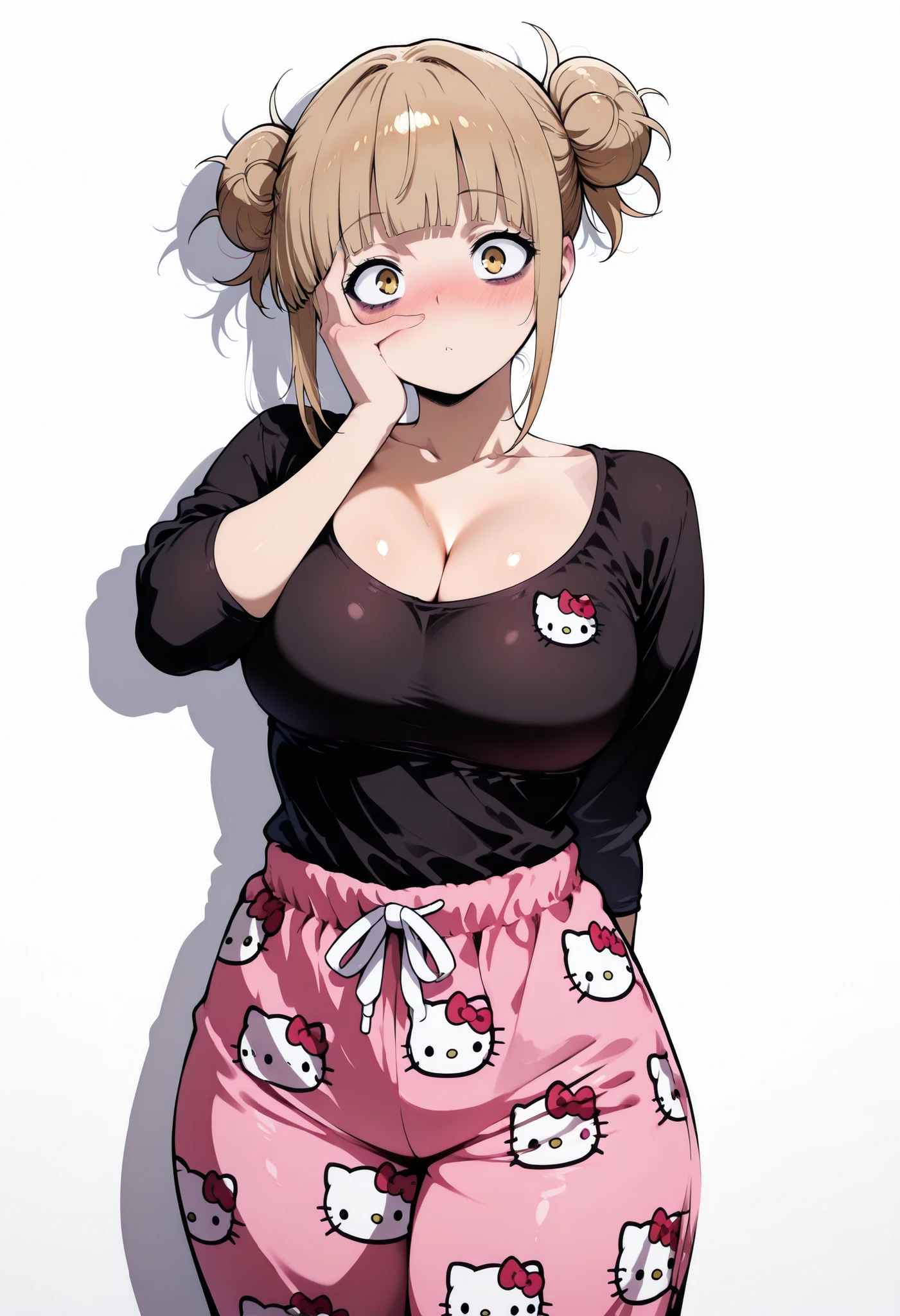 score_9, score_8_up, score_7_up, score_6_up, score_5_up, score_4_up, masterpiece, high quality, BREAK, 1girl, 1girl,, bags under eyes, standing, nice legs, looking at viewer, nose blush, shiny legs, shiny body, shiny hair, clear skin, clear body,, solo, thick thigh, thick thighs, solo, female, large breasts, toga himoko, blonde hair, yellow eyes, blunt bangs, double bun,., shiny skin, shiny hair, shiny body, clear body, white background, empty background, ,, shy and surprised expression, wearing a tight black sweatshirt, pulling the hem up slightly to reveal part of her waist, one hand partially covering her face , DYNAMIC POSE , white background, empty background, BAGS UNDER EYES, LARGE BREASTS,, STANDIN UPRIGHT, COWBOY SHOT, POSING, cleavage, CLEAVAGE, hello kitty pajama pants,pink/black pants,hello kitty pajama pants, pink pants, TIGHT PAJAMA, TIGHT HELLO KITTY PAJAMA, BIG ASS,