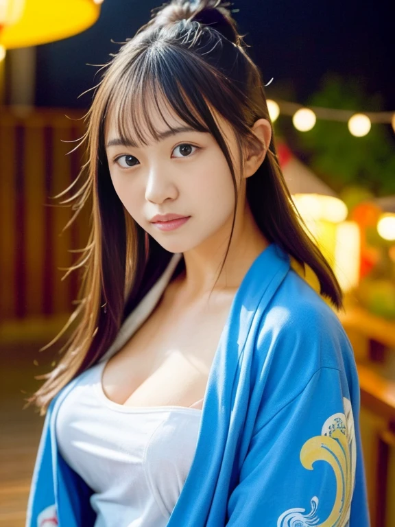 original, (masterpiece), (figure), (Beautiful and vivid background:1.25), (Depth of written boundary:0.7), Highest quality, shape, Very detailed, High resolution, 8k wallpaper, Perfect dynamic composition, Ultra detailed face, Natural Lip , Cleavage, (The eyelashes on both eyes are equal and beautiful.), (looking at the camera), (smile), (night, Fireworks venue), (Cute Yukata, yukata), Japanese style