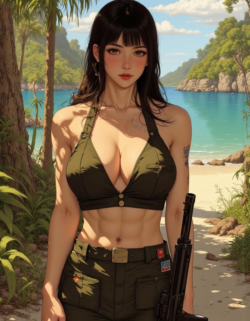 <lora:quietMetalGearLora_v1:0.7> quiet (metal gear), masterpiece, best quality, cowboy shot, 1girl, solo, toned, dirty, beach,