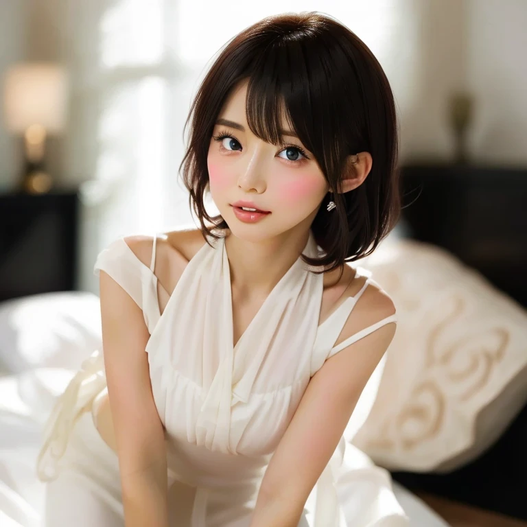 (1girl:1.3), Masterpiece, Best quality, amazing beauty, 4K, absurdres, finely detail, super detailed eye, perfect , official art, cinematic lighting, BREAK, bedroom, silky short hair, black hair, super shiny detailed blue eyes, embarrassed, BREAK , big breasts, sitting bed in bedroom, BREAK , (school uniform:1.2), BREAK,()