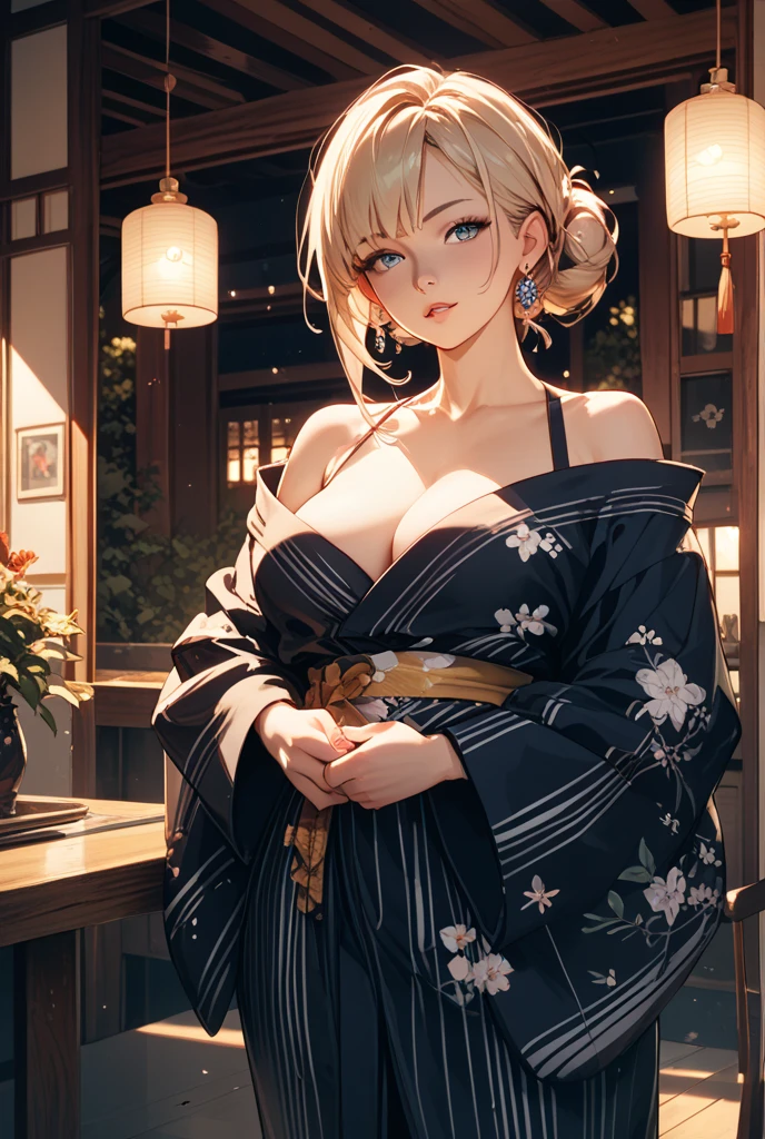 Young girl, blonde hair in a bun, amber eyes, cat ears, kimono, open breasts, smile, masterpiece, high quality