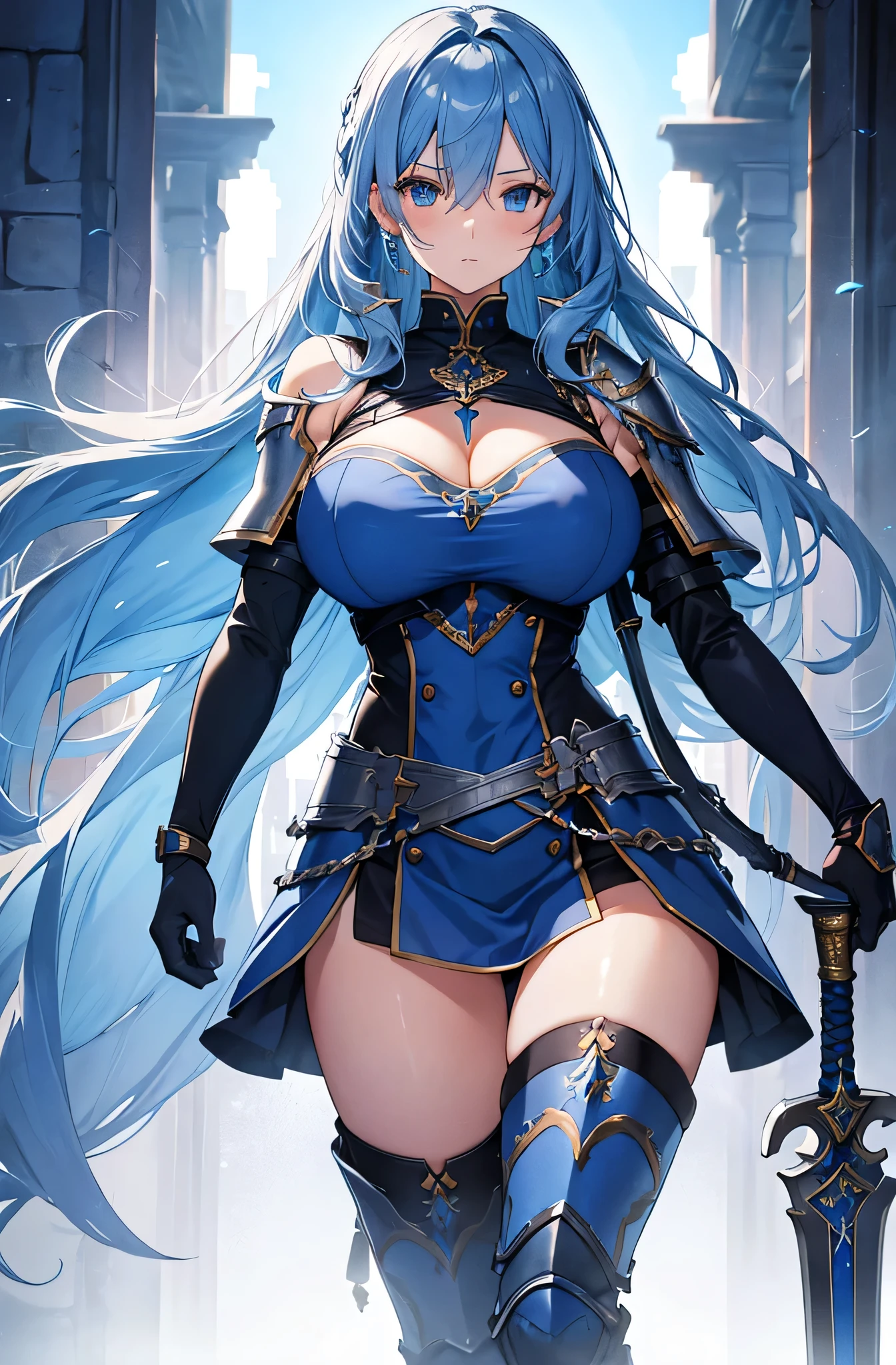 masterpiece, best quality, mythical, frozen queen, armor, pale skin, Blue skin, ruins, willowwhisp, blue flame,