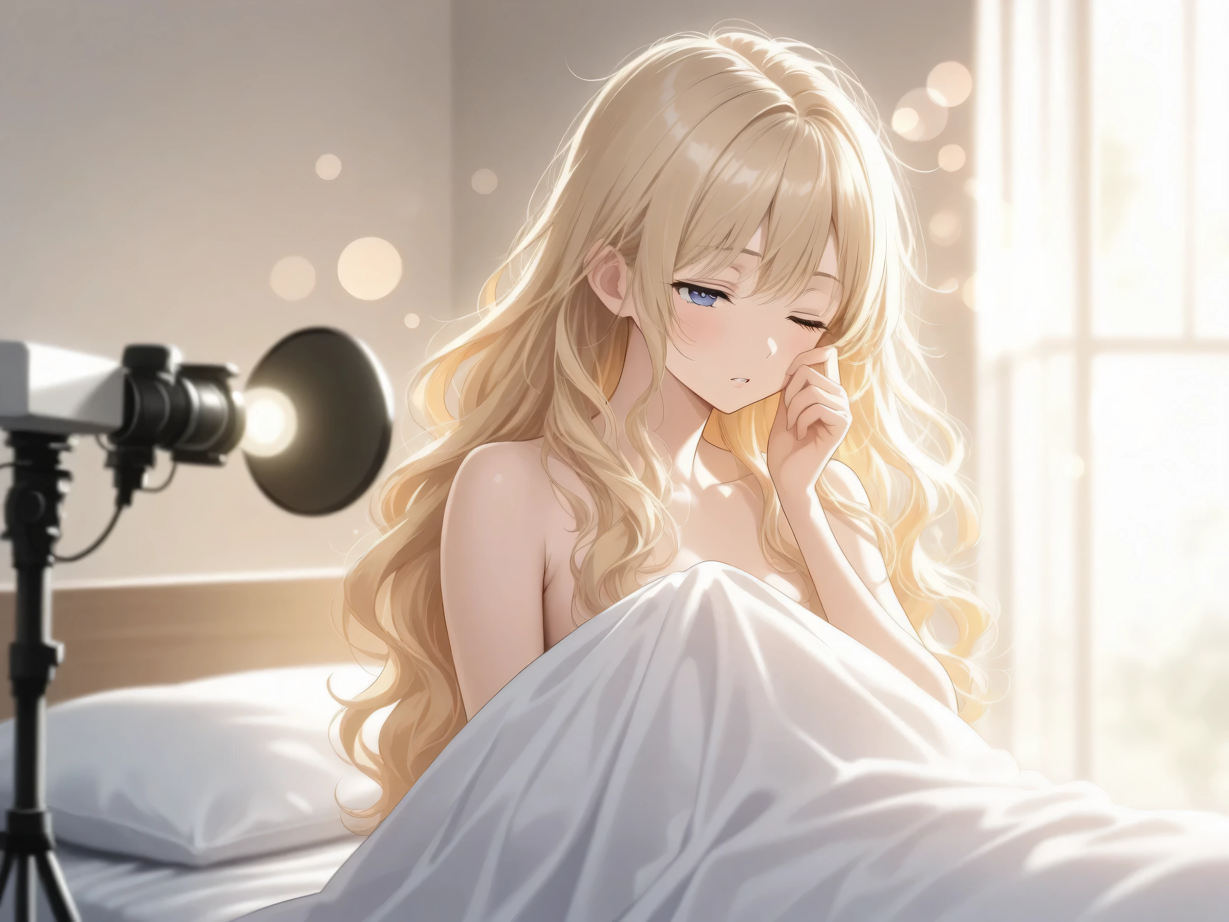 womanhood,Blonde,long hair,Wavy Hair,bed,Awakening,and looks sleepy,Morning sunlight,Indoor,Highest Quality,4K,Super detailed,photographic,HDR,Studio Light,EXTREME DETAILS,professional,, vivid colors,Bokeh,Portrait