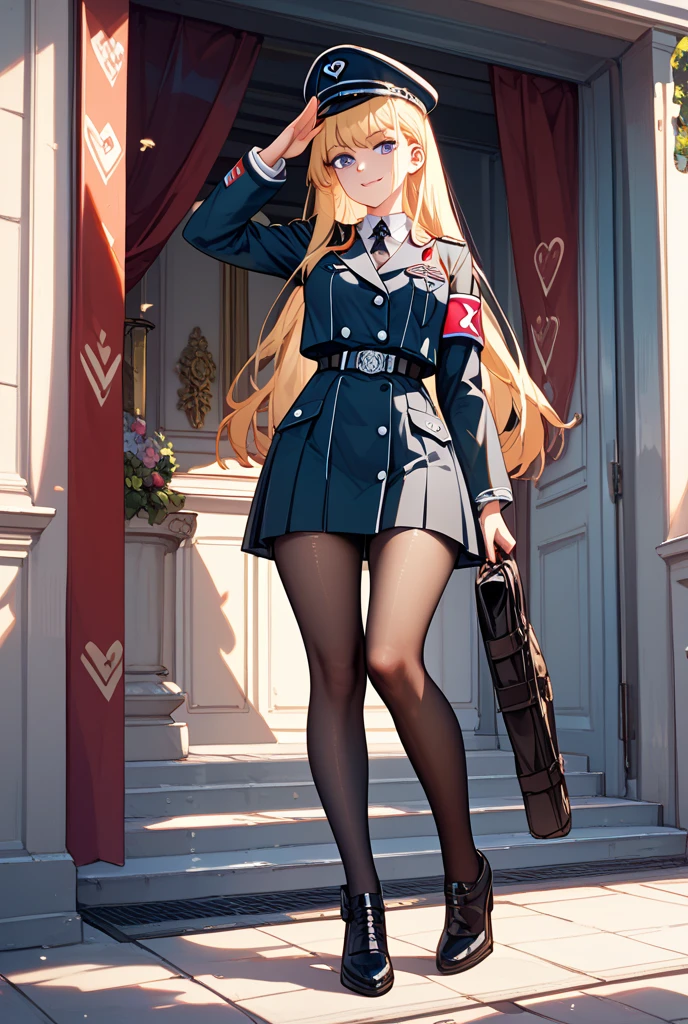 Claire Harvey, drill hair, thighhighs, twin drills, garter straps, boots, long hair, blonde hair, school uniform, zettai ryouiki, (full body:1.3), <lora:Claire_Harvey-10:0.8>