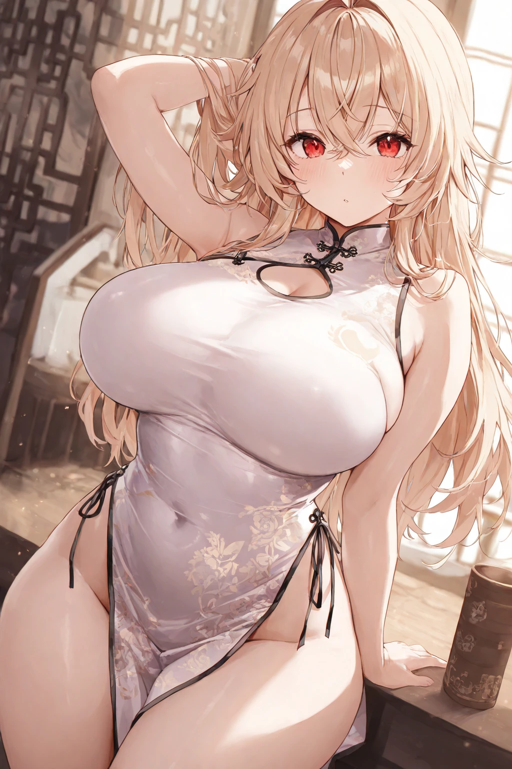 Masterpiece, best quality, exquisite details, high resolution, Very delicate and beautiful, Volumetric light, best shadow, shallow depth of field, 1 girl, Blonde, (big breasts), Double hair bun, (Chinese dress), (rift), Pelvic curtain, (wide hips), sexy, slightly seductive expression, big breasts,Show your breasts,The cracks are clear....,((big tits)),(pubic bone), rift, visible chest,seductive pose,I see bulging nipples.,(((large areolae:1.4,pink,The nipples are clearly visible.......))),(((bare breast:1.4)))