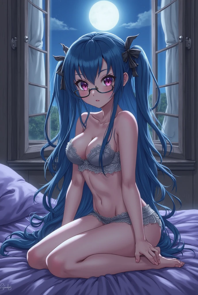 ((NSFW,Half-taken pajamas,Big Breasts)),beautiful, masterpiece, Highest quality, Hello,One Girl, Look at the viewers, Wet skin,Leg spread,smile,Sweat,Messy hairstyle,sunlight shines in,Are sleeping,Tattoo,Glasses,headphone,Game room,sleeping face,Light blue hair,