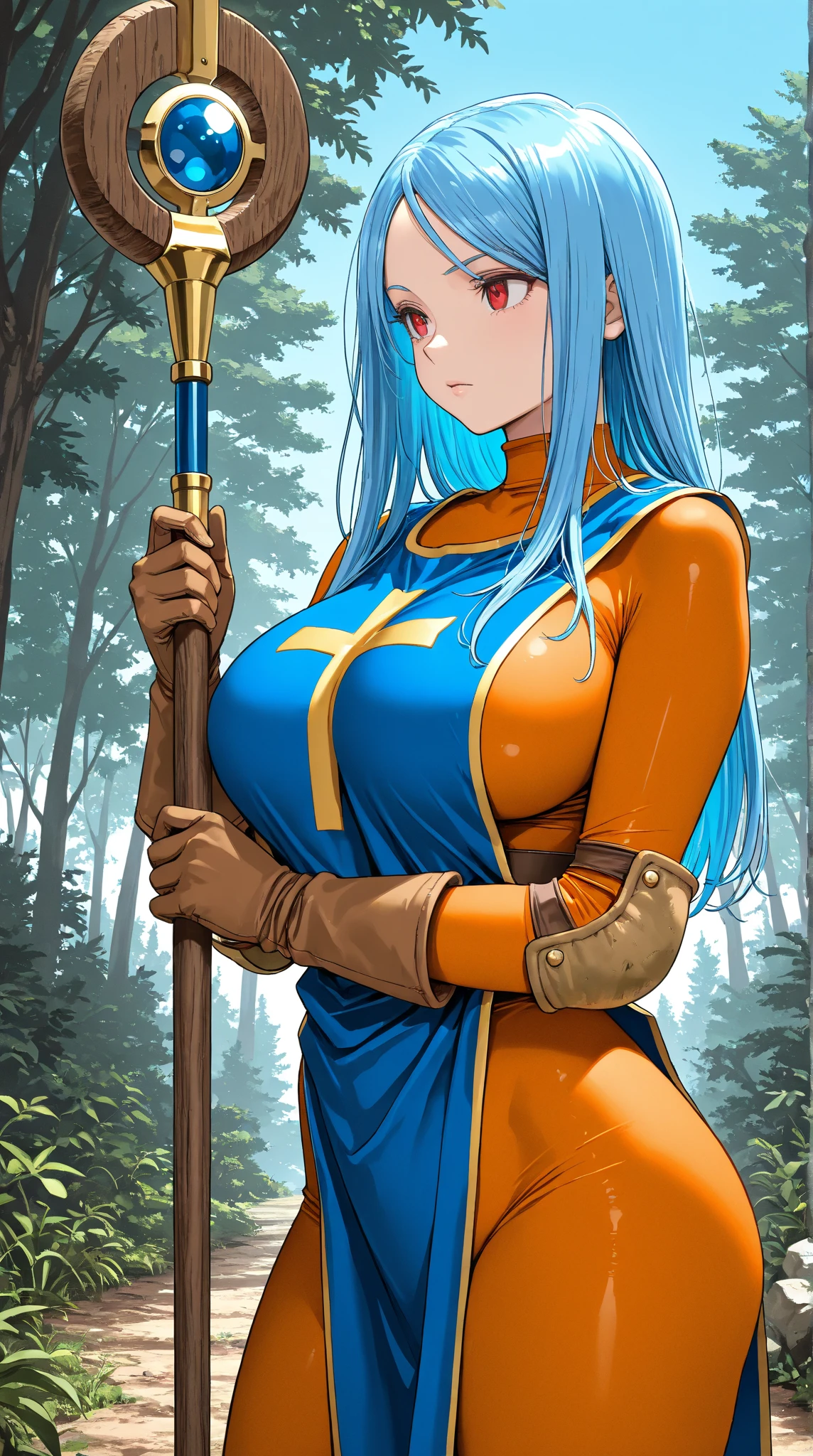 masutepiece, Best Quality, Ultra-detailed, Live-action adaptation, sage_(DQ3), 1girl in, (holding A staff, A staff:1.3), Solo, Long hair, Blue hair, circlet, Red Eyes, Large breasts, yellow gloves, White Dress, Belt bag, Cape, long boots, cleavage, Bare shoulders, Underwear, Full body, tussock, wind lift, Background, white Background、