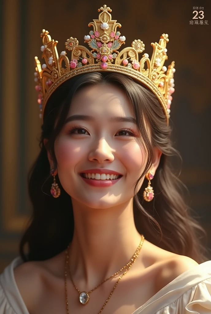 In Elysium，Beautiful 16-year-old princess sitting on a large lotus flower，Wearing a delicate gold crown，Full face，Rounded jaw，long eyebrow，largeeyes，The corners of the mouth are slightly upturned，Look at the camera with a gentle expression，A very happy face，Lotus in hand，Barefoot on both feet，Hair hanging down the shoulders，long hair flowing，A streamer hangs from his shoulder，choker necklace，Nobile，Yingluo，chest jewel，Armour，jewelery，Pedras preciosas，Gorgeous and noble costumes，Wear the shoulder strap tilt over the shoulders，The sky behind the character has a  aperture，Background of clear sky，ornate backdrop，Wonderland-like Elysium，Jewelry decoration space，The gold plate is filled with crystal ，Clean and ethereal picture，Pure and stain-free，Light，Clean，stately，opulent，Pure Land，8k 壁纸，Amazing Cleavage，tmasterpiece,Goddess of wealth,Venerable goddess,Beautiful dream world，Magical fantasy，