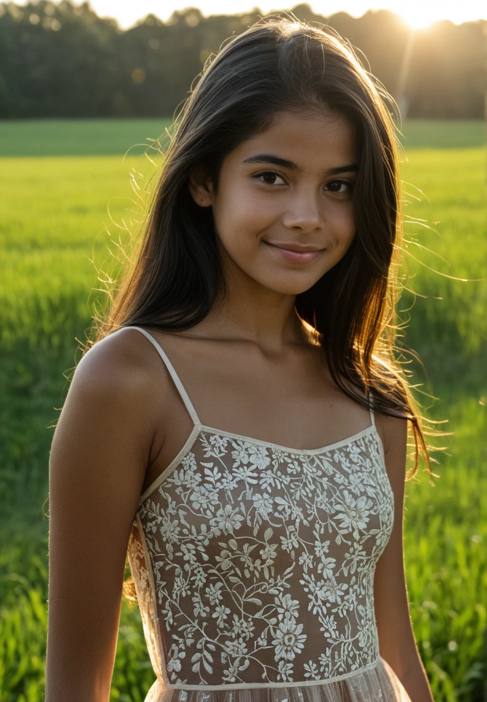 A beautiful 10 year-old wearing a Stylish tight coloured short gown, smiling with her beautiful legs exposed, she is Sri Lankan, she has long black hair. Shows tummy. Small cleavage. Thin strap dress