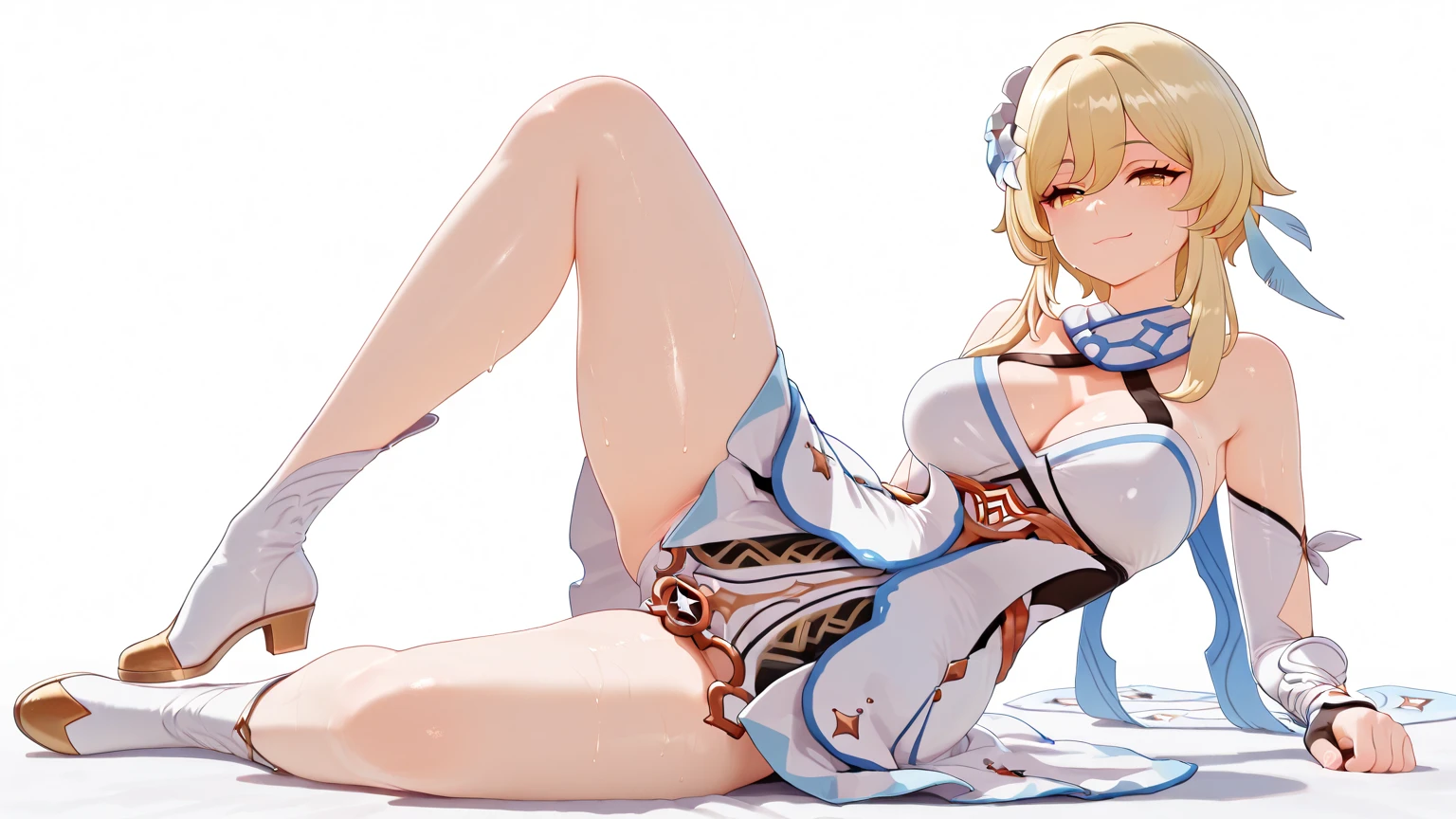 (Enrich the picture,Masterpiece level quality)Beautiful 8K CG artwork,Goddess-like posture,Tummy position,Slim and soft,Translucent skin,White hair、The beauty of extra-long hair, Super Long Straight Hair,The skin is fair and juicy,Underwear uniforms,Perspective Part 1.2x enhanced silhouette effect,Exquisite transparent blues pattern in pajamas,The details are intricate and exquisite,The background is slightly blurred,Charming and lustful leg seduction,Drool,Extra-large big breasts,Blush,Japan goddess,Perfect body slim curves,