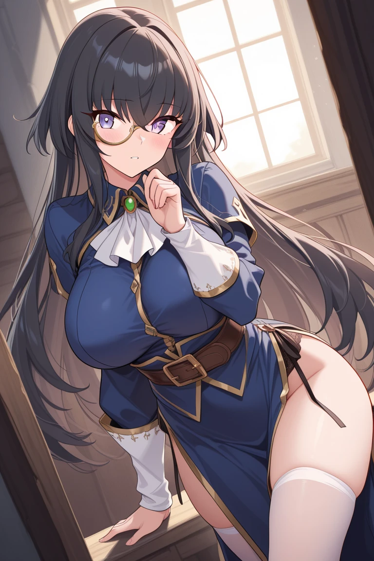 himikotoganova, (1girl, solo), (perfect eyes), simple background ,black hair, double bun, messy hair, bangs, big breasts, yellow eyes, bags under eyes, smile, open mouth, (bunny suit, thighs, lace stockings ), looking at viewer, choker, sitting on bed, ebarrassed,