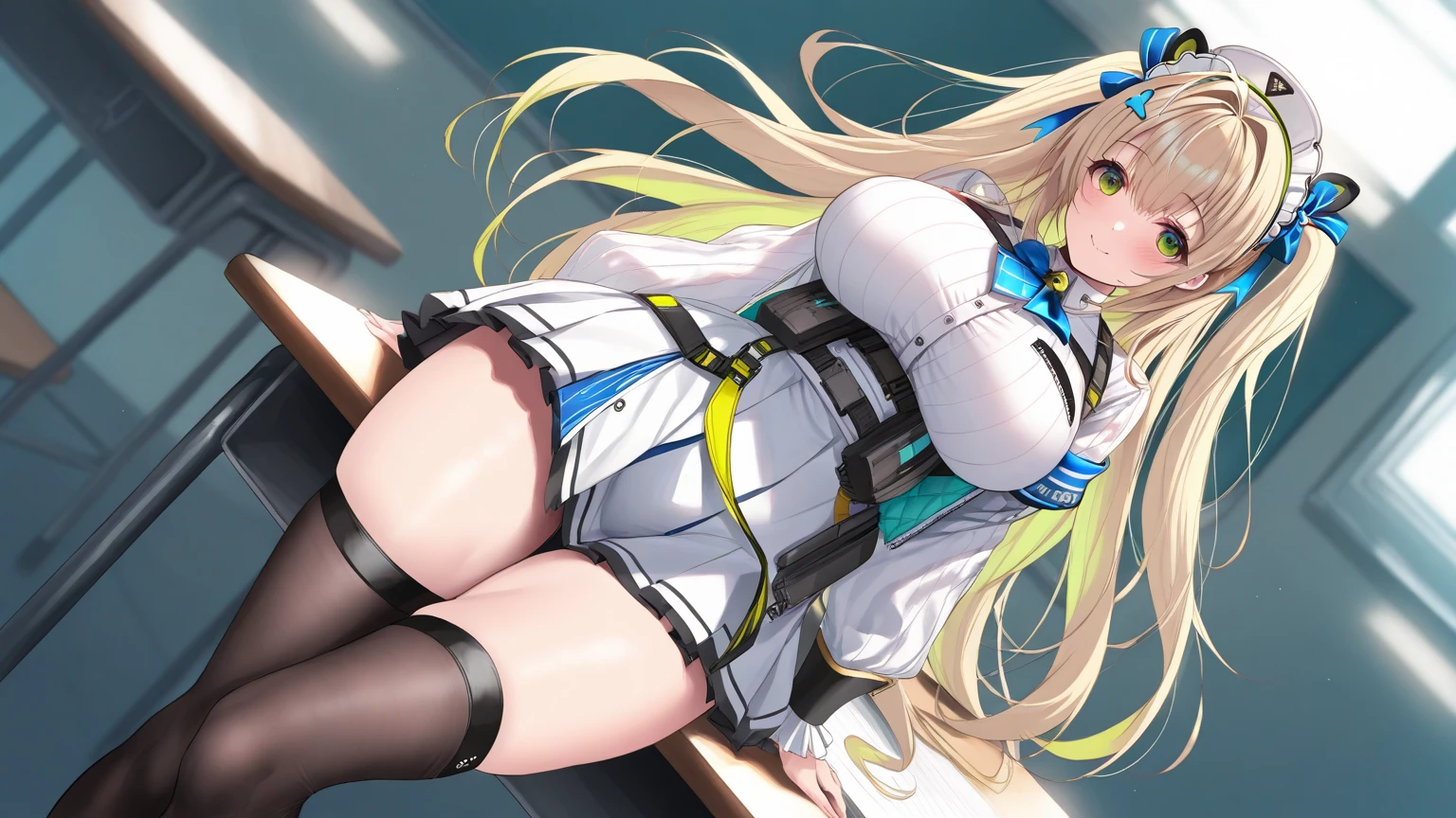 Asecilia, Very long hair, Curly Hair, Drill Hair, Blue hair band, , White jacket, White Dress, Big Breasts, Nipples, Long sleeve, belt, Black Pantyhose, Hands on hips, indoor, Standing 0B0, one person, From below