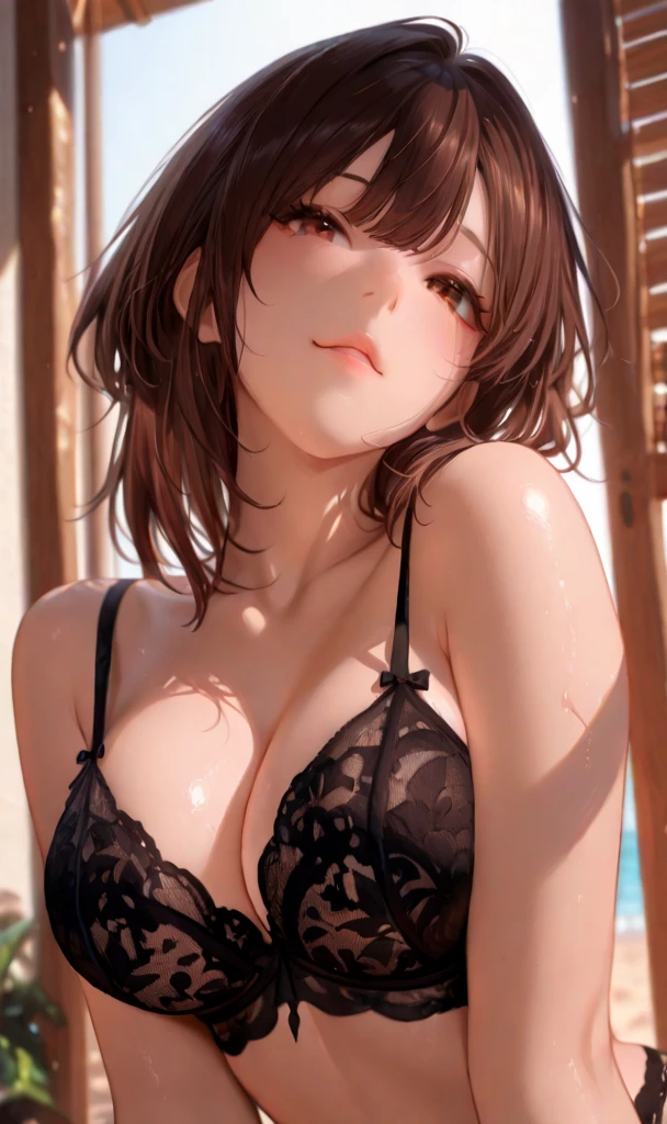 Full-size adult woman, blushing, smiling, mouth, lips, ear, nose, eyebrows, large brown brown hair color, full height, light brown eyes, wearing underwear, looking at viewer, grimace on ahageo-shaped face, underwear black, black bra, white skin color, background scenery, in the window, plants around, on the sides, living environment, leaves flying, raining heavily, water