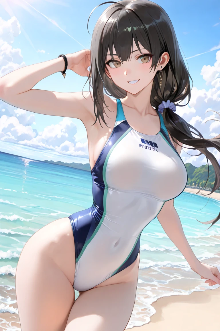 masterpiece, best quality, <lora:kaischulen-nvwls-v1-000009:0.9> kai schulen, visor cap, red one-piece swimsuit, large breasts, cowboy shot, looking at viewer, partially submerged, ocean, smile, thighs