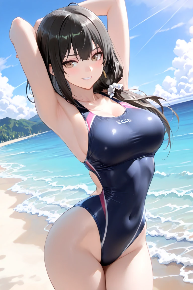19 years old, large breasts, triple D cup breasts, round buttocks, bubbly buttocks, wide hips, bubbly ass and one-piece swimsuit