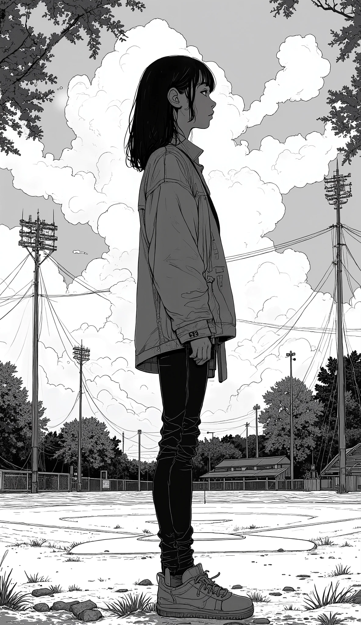 cartoon picture of a girl standing in front of a baseball field, Kentaro Miura styleマンガスタイル, Miura Kentaro manga style , Miura Kentaro manga style , Black and white manga panel, Tsutomu Nihei style, Kentaro Miura style, black and white manga page, By Naka Bokunen、black and white photo-like silhouette,darkness、 vector SVG art , SVG illustration , SVG art , black and white vector art