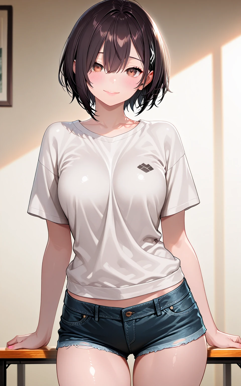 <lora:KangSeon_SSG-V2:0.9> seondef, black hair, short hair, grey eyes, looking at viewer,
standing, upper body, stomach, micro shorts, shiny skin, thighs, shiny, denim shorts, medium breasts, thigh gap, tanlines, navel, niples, indoors, nude, arms at sides, bare arms,
masterpiece, best quality,