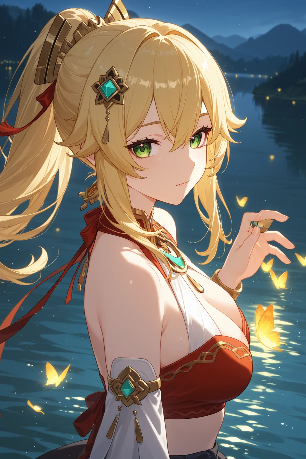 (NSTDA.:1.2), (10, beste-Qualit, master-piece: 1.4), ultra-high resolution, (lifelike, photorealistic portrait: 1.48), 20 age, Cute Girl, (See through the  beetle), Famous Japanese actors, beautiful clear eyes, G Cup , Head tilt., cowboy shot, from the side, looking at the audience, expressionless, Beautiful lake, Zeiss 150mm F/ 2.8 Hasselblad, Beautiful cherry blossom forest, Whole body, foot, Ultra-Wide Angle, The backyard is a beautiful sea............................................ ,