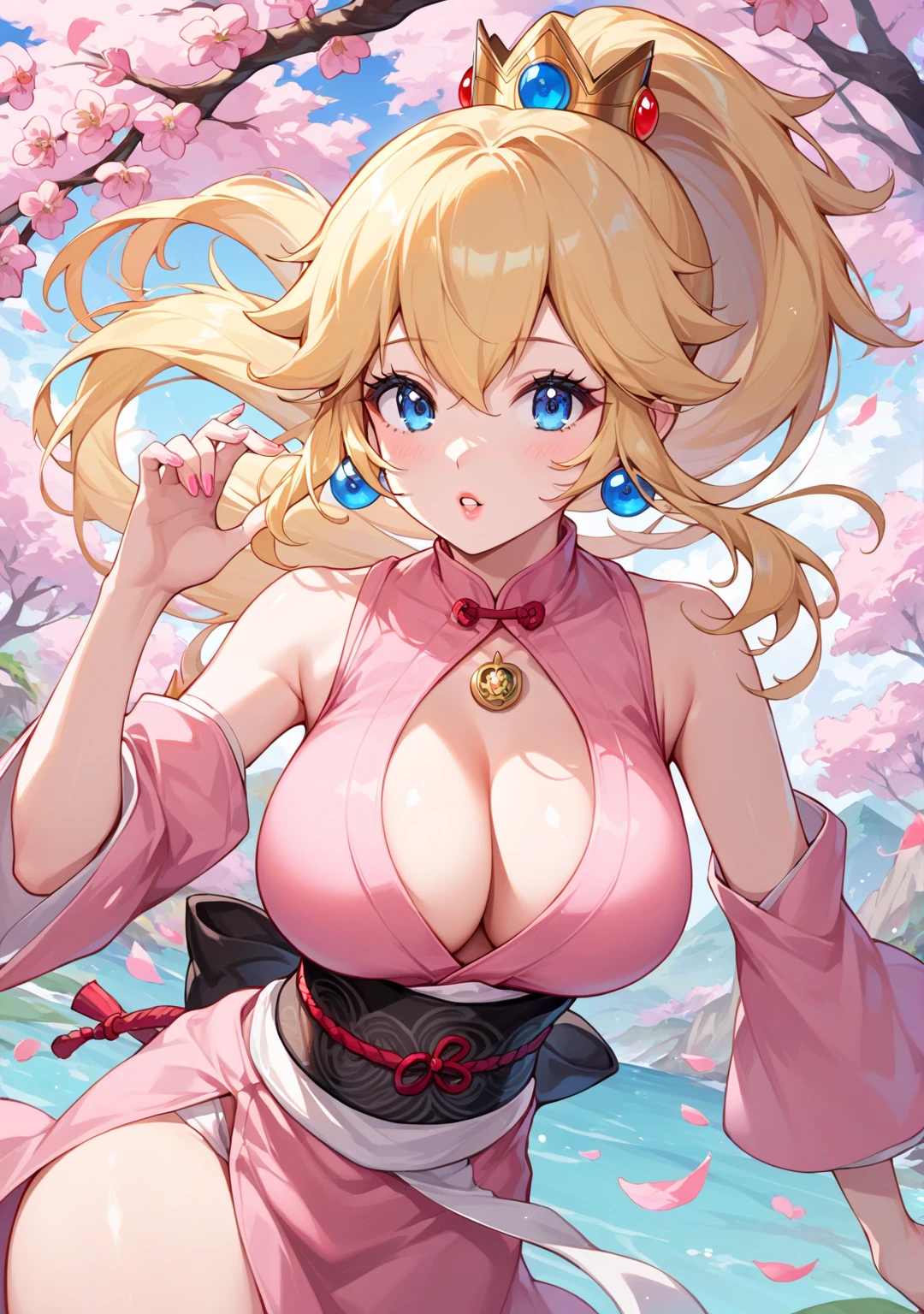 (luxurious off-shoulder kimono), female, (blonde hair), fox ears, (large breasts), (long hair), (elegant hair), blonde hair, (red eyeshadow), hourglass body, 1girl,heart-shaped pupils, fingernails, hands on own face,blonde hair,looking at viewer,(blush:1.1),choker,upper body,trembling,sweat,sweatdrop,heart,(speed lines:1.1),((heavy breathing:1.3)), love, heart, happy, smile, (in heat), heart-shaped pupils, (horny), seductive, outdoors, traditional japanese, cherry blossoms, (cleavage), very aroused, ((dark skin)), gyaru, detailed hands, detailed fingers,