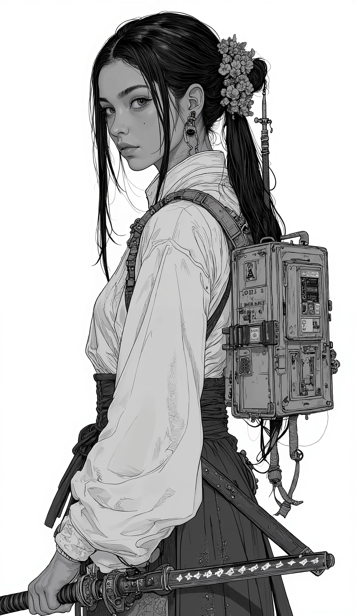 wearing white kimonos、Arab woman with two swords, female samurai, Shohei Otomo, urban samurai, samurai style, inspired by Kano Sanraku , Kunoichi, Inspired by Kano Hogai, as samurai, From Kenshin, Kurumada Masami, Japanese Warrior, samurai jedi, samurai portrait photo, samurai、black and white photo-like silhouette,darkness、 vector SVG art , SVG illustration , SVG art , black and white vector art