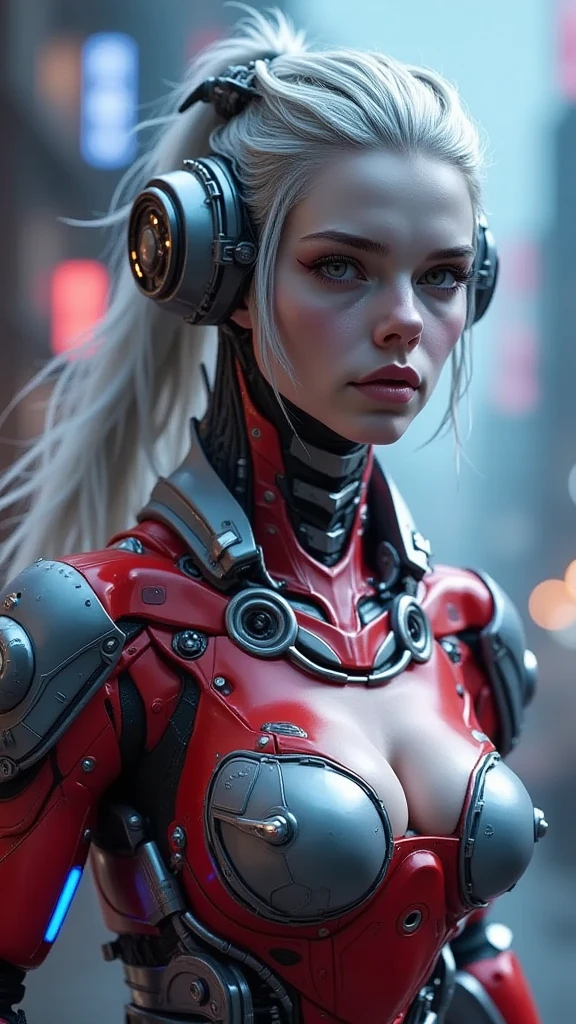 Super realistic, hyper realistic, super detailed, (super cyborg girl, beautiful face, sharp looks, mesmerizing blue eyes, short hair, platinum blond hair, full body armor, clothing cutout, huge breast, depth of field, science fiction, (mechanical (mouth mask)), (platinum red cyborg color:1.3), intricate detailed mechanical humanoid, cyberpunk), (her hand hold on lightning shield:1.3), (on the desert with ruin of building background:1.3, (foggy pollution atmosphere)), atractive pose, masterpiece, best quality, wide-angle Hyperdetailed, masterpiece, best quality, 8k, natural lighting, soft lighting, sunlight, HDR (High Dynamic Range), Maximum Clarity And Sharpness, high contrast, photon mapping, Multi-Layered Textures, facing foward, (seen from forward:1.5)