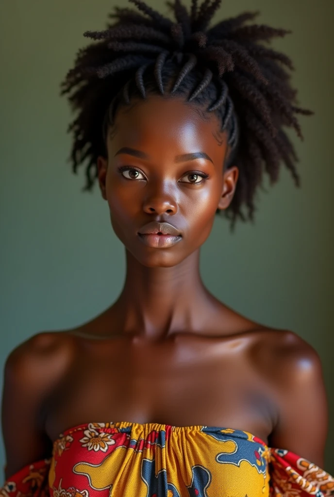 woman, nude, hair bun, african, black, standing, chest, oily skin, grey background