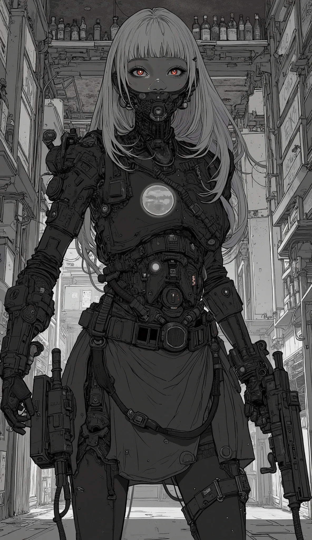 Anime characters with guns and lots of bottles in the background, Nia autoamata, The aesthetic of anime mecha, film still of 2b Nia automata, 2b Nia automata, Dead Man: Shiro in Wonderland, 2b, 2b ..., ( ( ( Yoshinari ) ) ), Nia : Enlarged photo of an automata-style , Nia:Enlarged photo of an automata-style 、black and white photo-like silhouette,darkness、 vector SVG art , SVG illustration , SVG art , black and white vector art