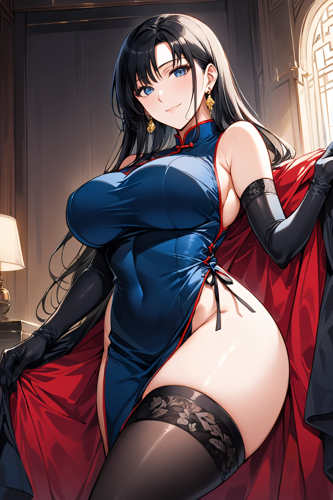 ((Aterne a cor do vestido para preto)), adicione ao vestido a cor vermelha e detalhes pequenos em branco, ((enlarge your breasts and buttocks)), ((mude seus olhos para amarelos)).