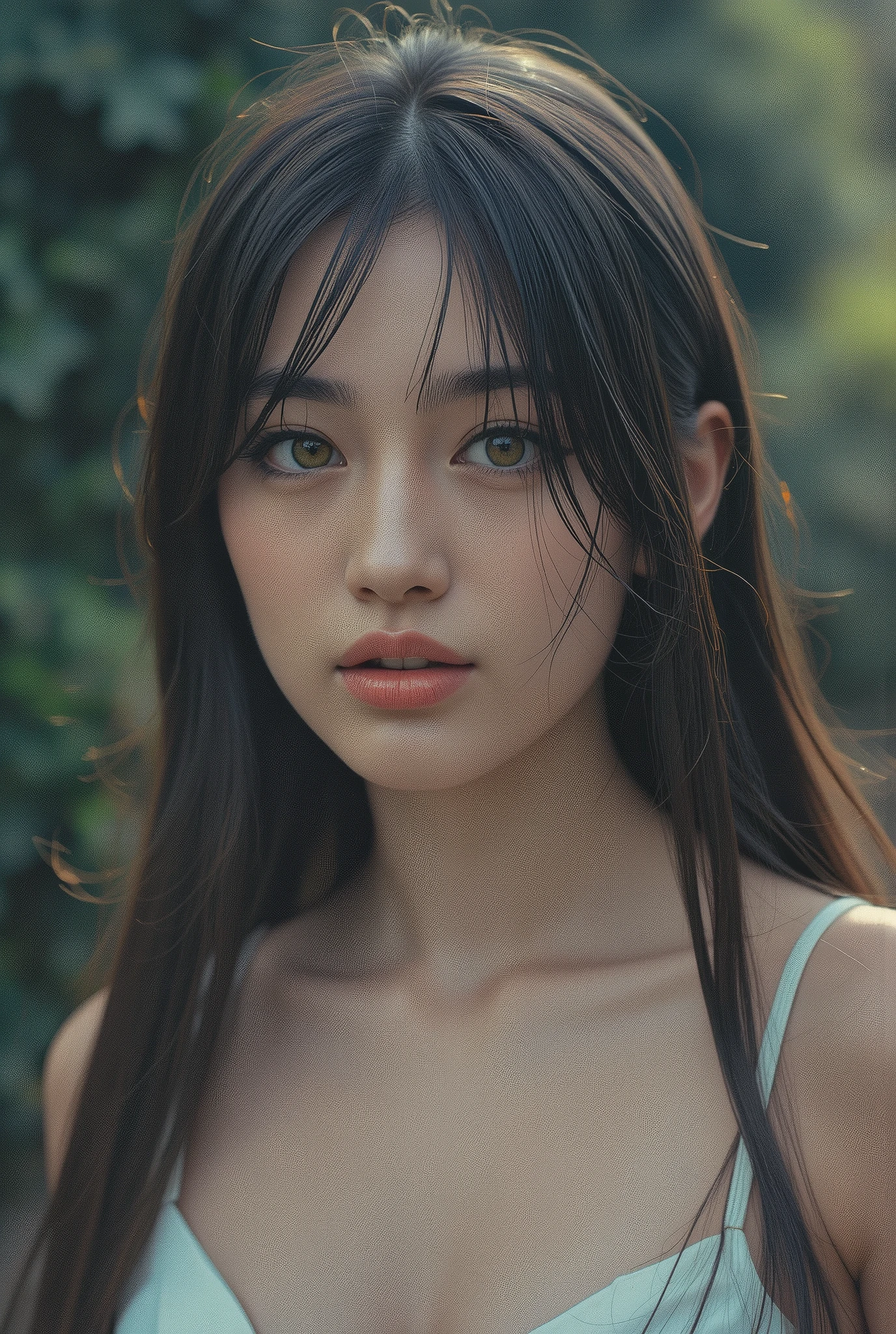 Beautiful woman with high iridescent green eyes,  laughing happily, cian hair, happy Expression Beautiful Woman with Elegant and Modest Expression, eyes tinged with melancholy, Delicate Faces, looks glad, Hime cut, bangs, Premium High Quality, Photographer style, low-cut dress , Ideal Portrait, soft light, Blur Bokeh , delicate texture, Deep Colors, 4K High Resolution, Realistic, Extreme detail, Professional, Vivid Colors, emphasis on detail, super detailed moist skin texture,