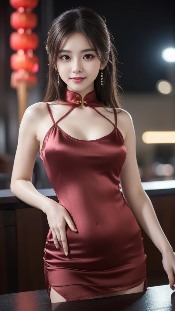 A high resolution,ultra real detailed,Realistic graphics,Ultra-clear image quality,Ray rendering,A woman in a cheongsam,Beautiful and moving,Colorful long classical cheongsam,Delicate facial features,Excellent figure,S-shaped curve,Smooth legs,Classical Chinese courtyard,Dim the lights of the palace,Show off your figure,Third Person View,(Stand sideways)