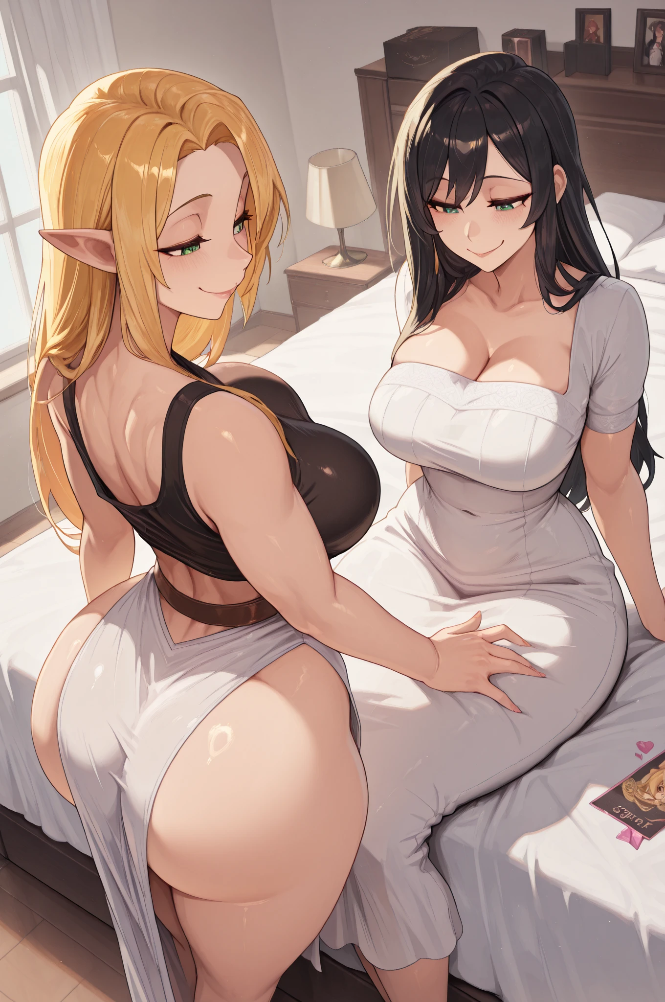 (8k, Masterpiece: 1.2), (Ultra Detail, Sexy), (Smile: 1.1), ((White Wavy Long Hair): 1.3, Beautiful Detail Eyes, Big Black Eyes, Perfect Proportions, Bright Eyes, Light Makeup, Necklace, Earrings, Pink and Moist Lips), Two sexy big breasts girls lying lazily on the bed in my bedroom, they are wearing sexy black lace lingerie, holding a delicate cake in their hands to eat, leaving white cream on their bodies, (big breasts, thin waist, plump long leg legs, buttocks, stretchy meat, fair and moisturized skin, dignified and religious, back), (ambiguous atmosphere, hazy background, fairy tale world: 1.2)