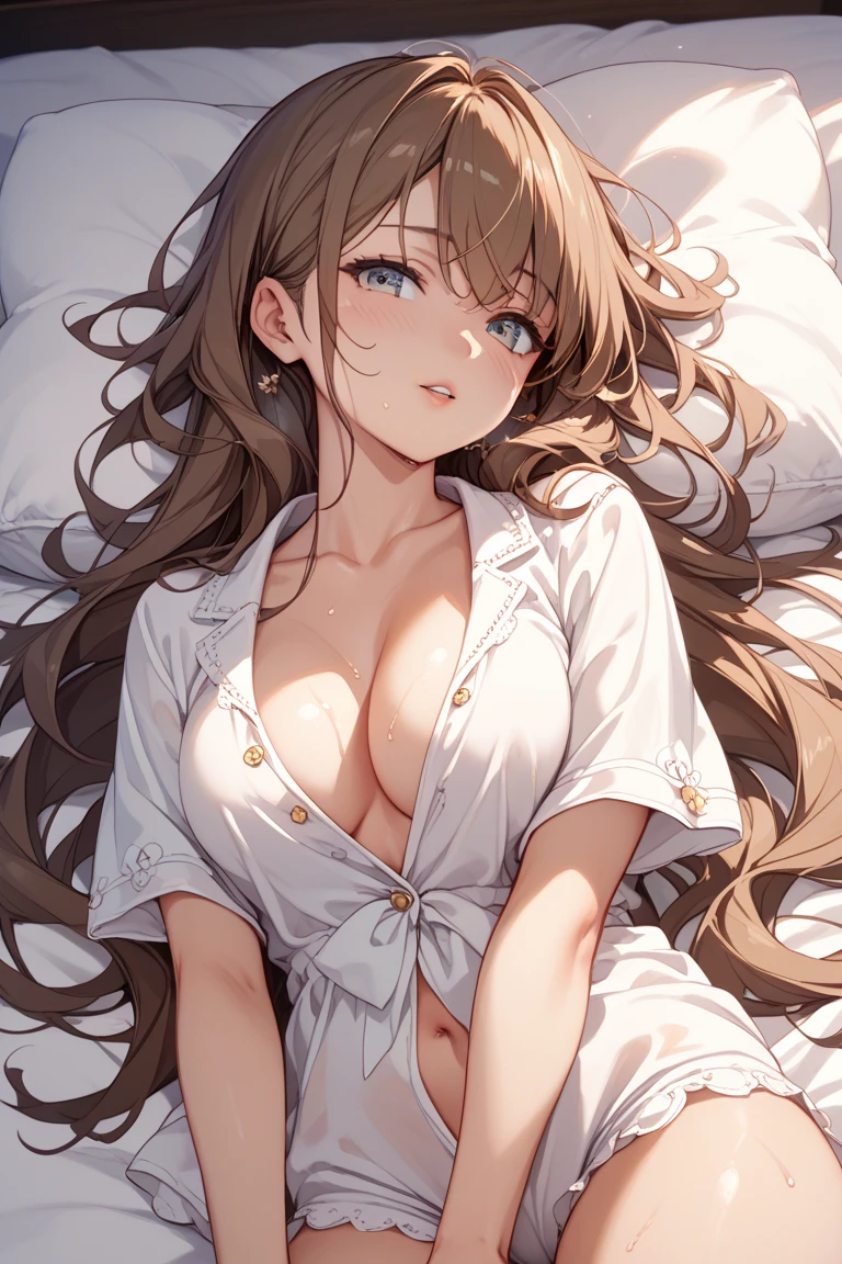 Game goddess of victory nikke, Rapi, white tight unbutton shirt with cleavage , light brown hair colour , cute face, no pants, bewitching thighs, long hair, g cup breast, on the bed , alluring eyes , seducing pose , slender waist , expose leg , sexy, horny mood