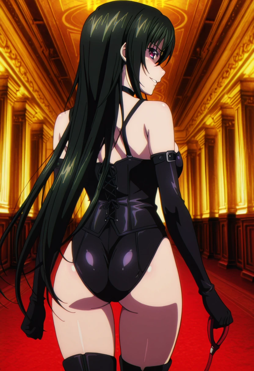 beautiful, masterpiece, ultra detailed, extremely detailed, ultra high res, 8k, beautiful detailed face, anime screencap, heart shaped face woman, (black hair:1.2), long hair, hair between eyes, large breasts, fearless face, sharp face, slant eyes, cat eyes, 170cm tall, adult, perfect proportion, (((black high-leg leotard))), (((dare shoulder))), cleavage, (((thigh boots))), choker, (((military cap))), anime style, extremely ultra detailed beautiful face and eyes, front view, raw phot, incredibly absurdres, Beautiful portrait of cute anime girls, super fine illustration, full-hd, hdr, best aesthetic, distinct, exquisite, masterwork, by famous artist, highers, (((perfect anatomy))), mocking, (((rape face))), (((evil grin))), intense eyes, sadistic, gleaming skin, oil skin, slut face, full-face blush, smirking, mischievous grin, furrowed mouth, both legs, pouty lips, downturned corners, rosy hue, grin widely, cheeky smirk, (((bad-tempered glare))), gloating, crazy smile, scary face, cruel smile, fang, connected teeth,, (((elbow gloves))), (((big connected teeth)), glare, grimace, smirk, (((scowling face))), smile broadly, symmetrical eyes, even eyes, perfect eyes, (((squinting eyes))), deep detailed eyes, shiny clothes, 1girl, solo, smug, smile grimly, (((dimpled smile))), pink eyes, (((upper body shot and standing))), (((laugh))), (((pleasure face))), (((brutality face))), (((scary face))), (((fang))), super detailed skin, official art, production art, top quality, high quality, amazing quality, finely quality, fantastic, professional quality, perfect hands, perfect arms, both arms, two arms, both hands, two hands, cleavage cutout, bare collarbone, clear eyes, light eyes, 